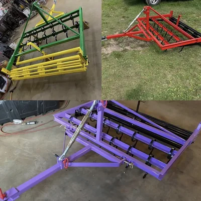 Collage showing agricultural equipment finished in green, yellow, red and purple
