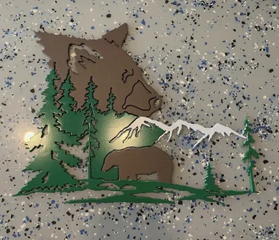 Custom powder-coated wildlife scene with trees, bear and mountain details