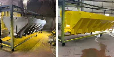 Side-by-side view of a fabricated industrial component grey before finishing and bright yellow after