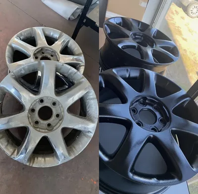 Before-and-after comparison of worn alloy wheels and black powder-coated wheels